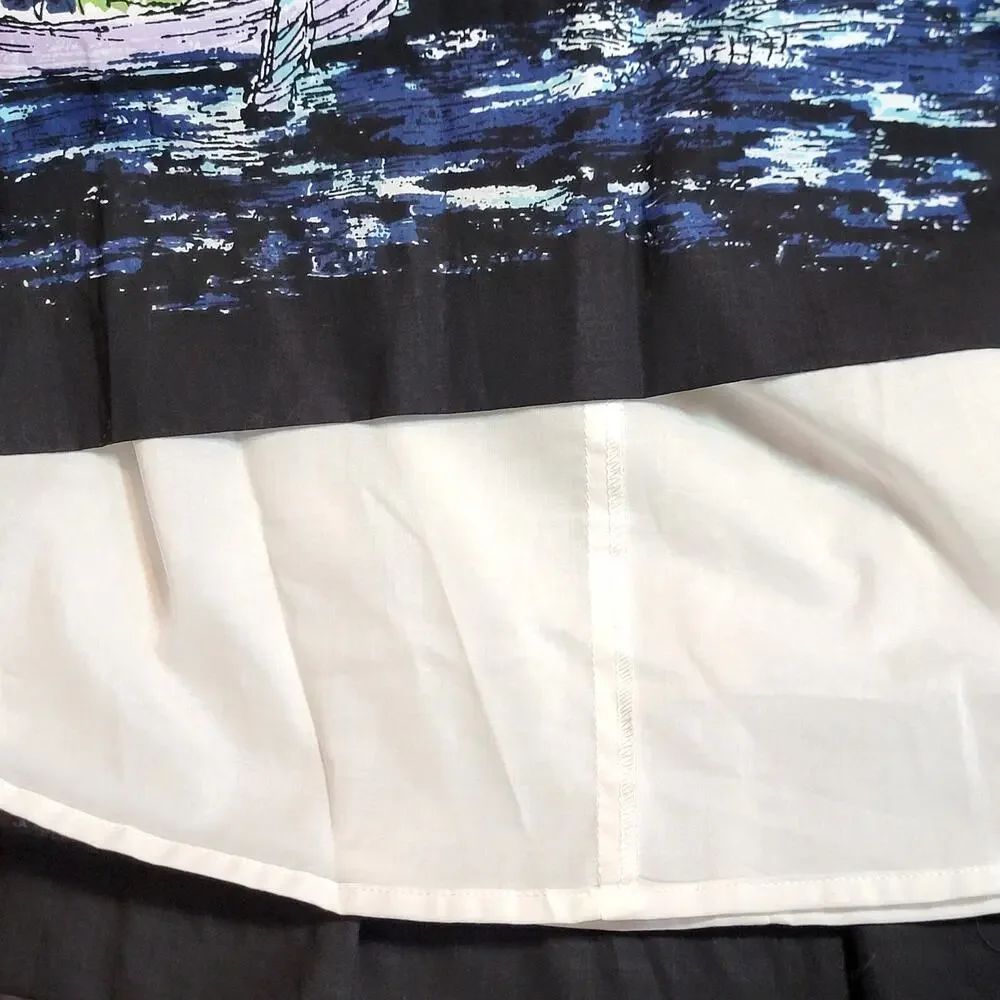Talbots NWT Pleated Italian Landscape Print Cotton Skirt Blue White 14WP Coastal